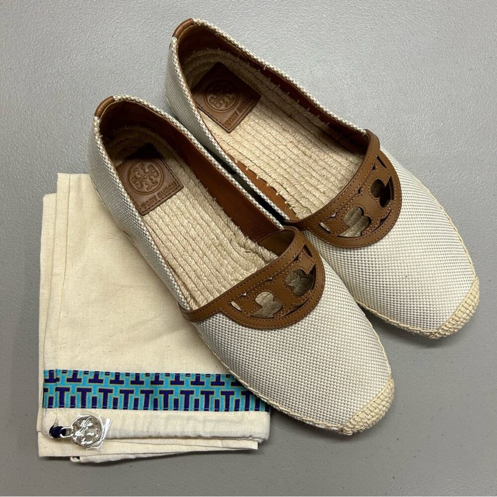 Tory Burch Sidney Espadrilles Flat Shoe Logo Slip On Cream Brown Women Size 10